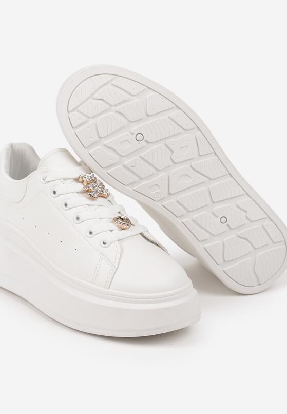 Białe Sneakersy na Platformie z Ozdobną Wstawką przy Pięcie i Złotymi Aplikacjami Rexinora 6