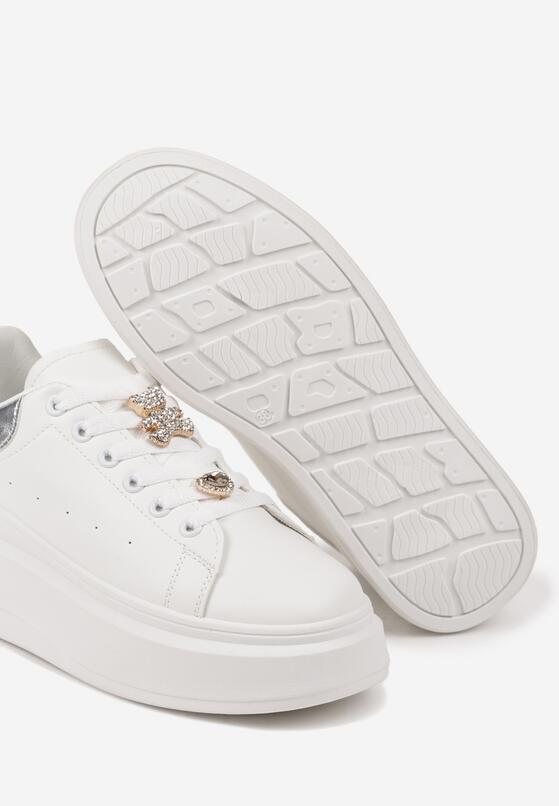 Biało-Srebrne Sneakersy na Platformie z Ozdobną Wstawką przy Pięcie i Złotymi Aplikacjami Rexinora 6