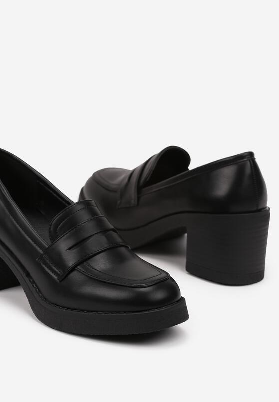 Czarne Półbuty w Stylu Mokasynów na Drewnianym Obcasie Merisina 6