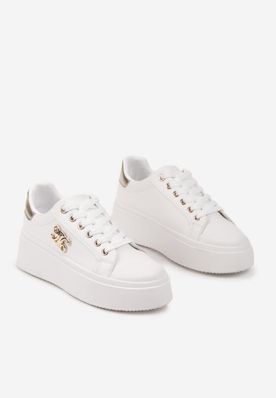 Biało-Złote Sneakersy na Grubej Podeszwie Ozdobione Metaliczną Aplikacją Rexiana 5