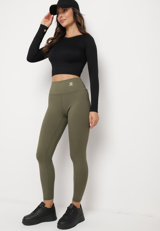 Ciemnozielone Legginsy Sportowe z Wysokim Stanem i Drobnym Nadrukiem Leridra 4