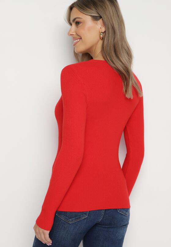 Czerwony Sweter Prążkowany z Trójkątnym Dekoltem Vorila 3