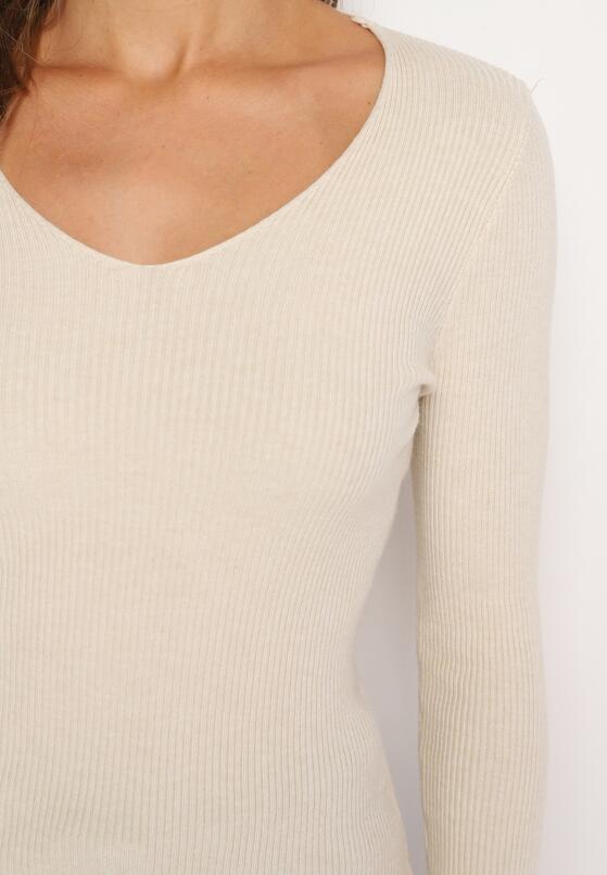 Jasnobeżowy Sweter Prążkowany z Trójkątnym Dekoltem Vorila 5