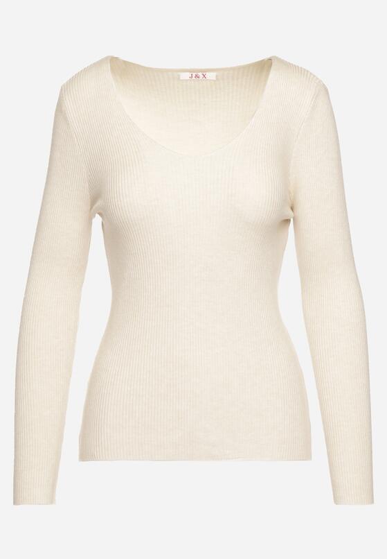 Jasnobeżowy Sweter Prążkowany z Trójkątnym Dekoltem Vorila 6