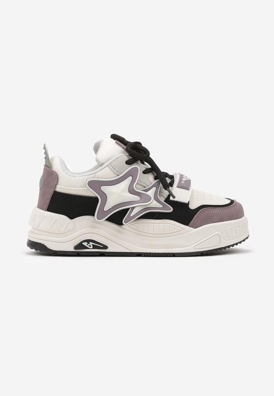 Beżowo-Fioletowe Sneakersy na Grubej podeszwie z Zapięciem na Rzep i Aplikacją na Boku Arforina 4