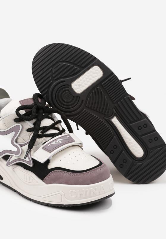 Beżowo-Fioletowe Sneakersy na Grubej podeszwie z Zapięciem na Rzep i Aplikacją na Boku Arforina 6