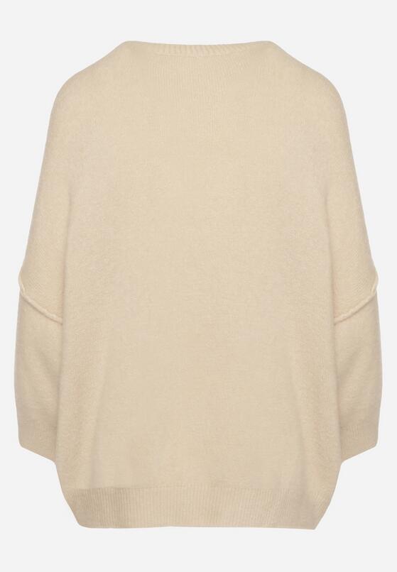 Beżowy Sweter z Rękawami 7/8 z Domieszką Wełny Irilliane 7