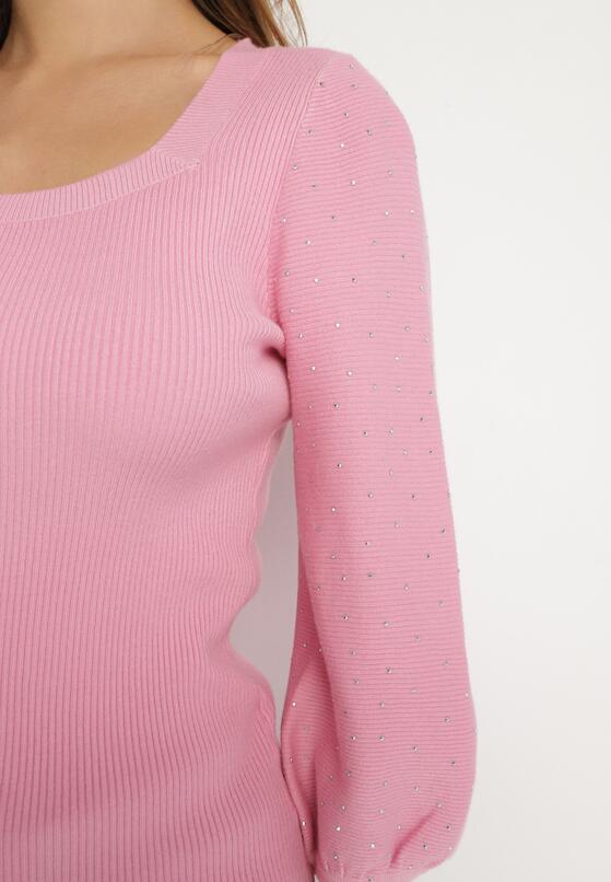 Różowy Sweter z Lekko Bufiastymi Rękawami o Długości 7/8 z Cyrkoniami Irissi 5