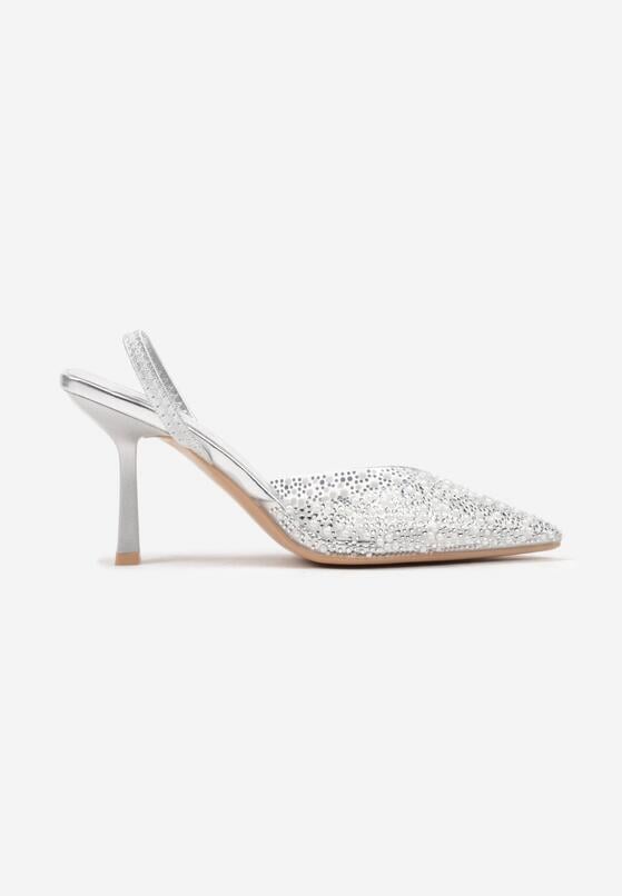 Srebrne Szpilki Bez Pięty Ozdobione Cyrkoniami i Transparentną Cholewką Arklora 4