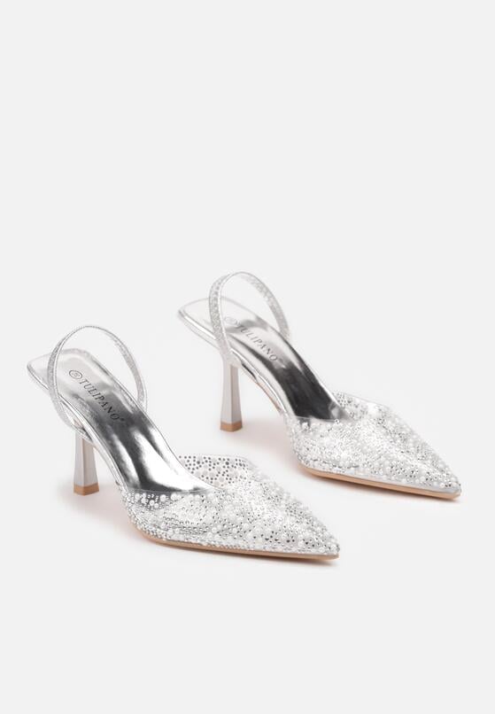 Srebrne Szpilki Bez Pięty Ozdobione Cyrkoniami i Transparentną Cholewką Arklora 5