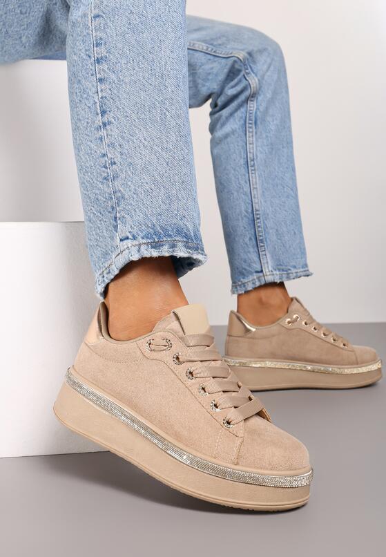 Ciemnobeżowe Sneakersy na Grubej Podeszwie Ozdobione Cyrkoniami Arnolia 1
