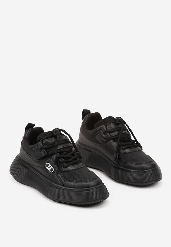 Czarne Buty Sportowe Sneakersy na Platformie z Ozdobną Aplikacją i Skórzaną Wkładką Biavarae 2