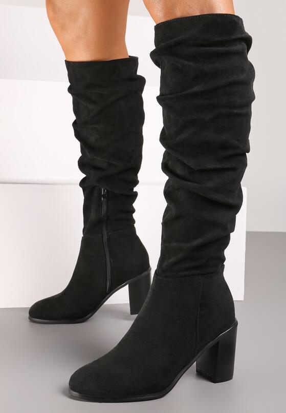 Czarne Kozaki Wysokie z Ozdobnie Marszczoną Cholewką Erianoria 1