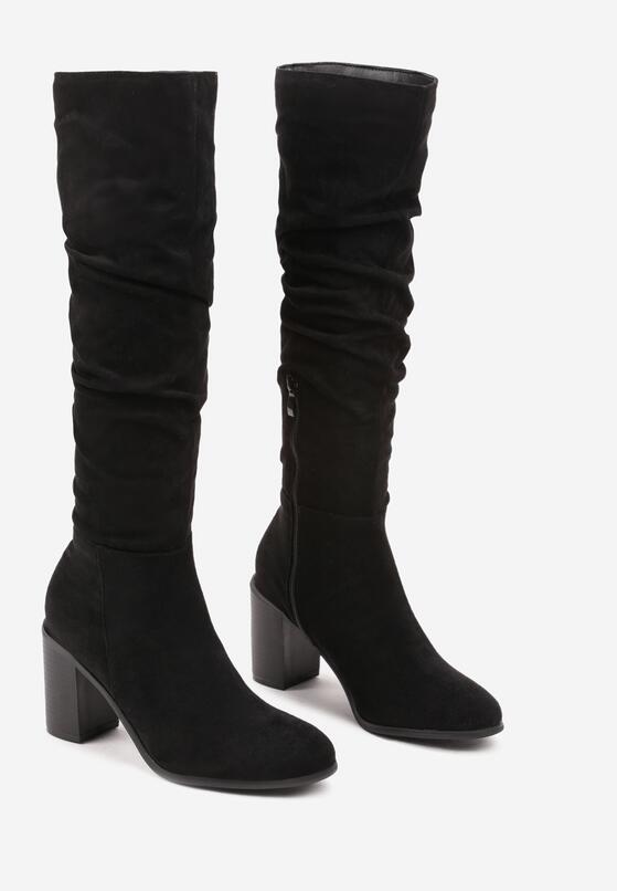 Czarne Kozaki Wysokie z Ozdobnie Marszczoną Cholewką Erianoria 5