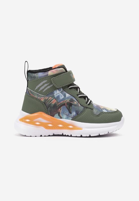 Ciemnozielone Płaskie Buty Sportowe Sneakersy za Kostkę z Ledami i Geometrycznym Wzorem Temilia 1