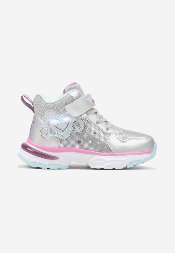 Srebrne Płaskie Buty Sportowe Sneakersy z Ledami i Aplikacją Serca Eriaianne 1