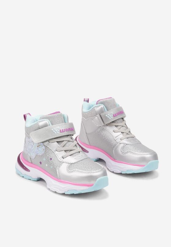 Srebrne Płaskie Buty Sportowe Sneakersy z Ledami i Aplikacją Serca Eriaianne 2
