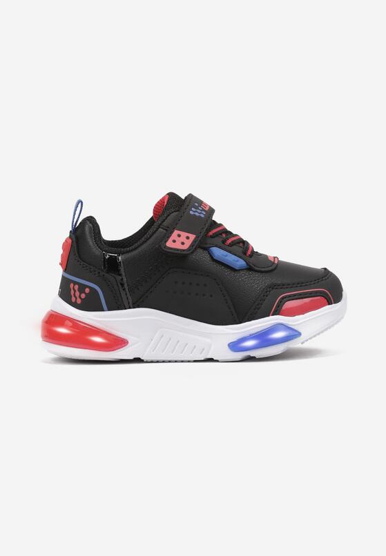 Czarno-Czerwone Płaskie Sznurowane Buty Sportowe Sneakersy z Ledami i Rzepami Erinalia 1