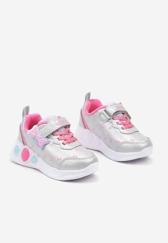 Srebrne Buty Sportowe Sneakersy na Płaskiej Podeszwie z Ledami i Aplikacją na Rzepie Erianora 2