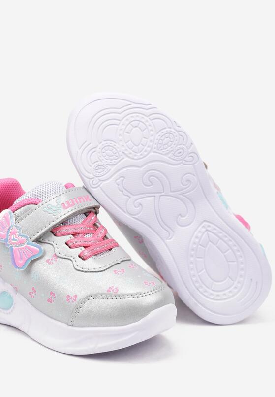 Srebrne Buty Sportowe Sneakersy na Płaskiej Podeszwie z Ledami i Aplikacją na Rzepie Erianora 3