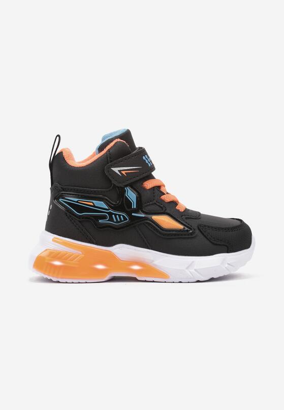 Czarne Płaskie Buty Sportowe Sneakersy z Ledami i Geometrycznym Zdobieniem na Rzepy Erithrea 1