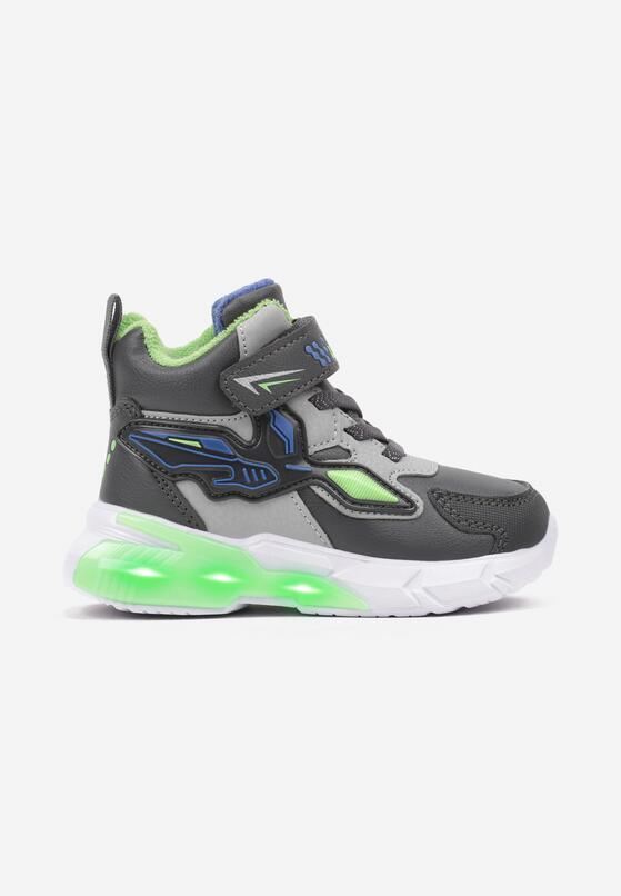 Szare Płaskie Buty Sportowe Sneakersy z Ledami i Geometrycznym Zdobieniem na Rzepy Erithrea 1