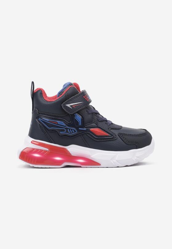 Granatowe Płaskie Buty Sportowe Sneakersy z Ledami i Geometrycznym Zdobieniem na Rzepy Erithrea 1