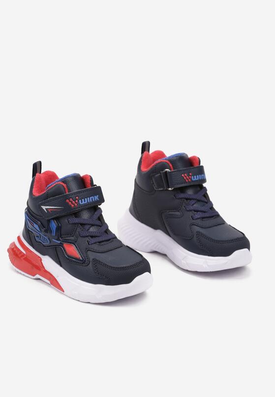 Granatowe Płaskie Buty Sportowe Sneakersy z Ledami i Geometrycznym Zdobieniem na Rzepy Erithrea 2
