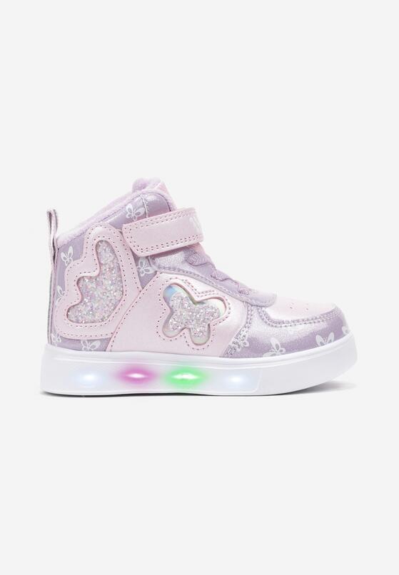 Różowe Płaskie Buty Sportowe Sneakersy za Kostkę z Ledami i Brokatem Ericea 1