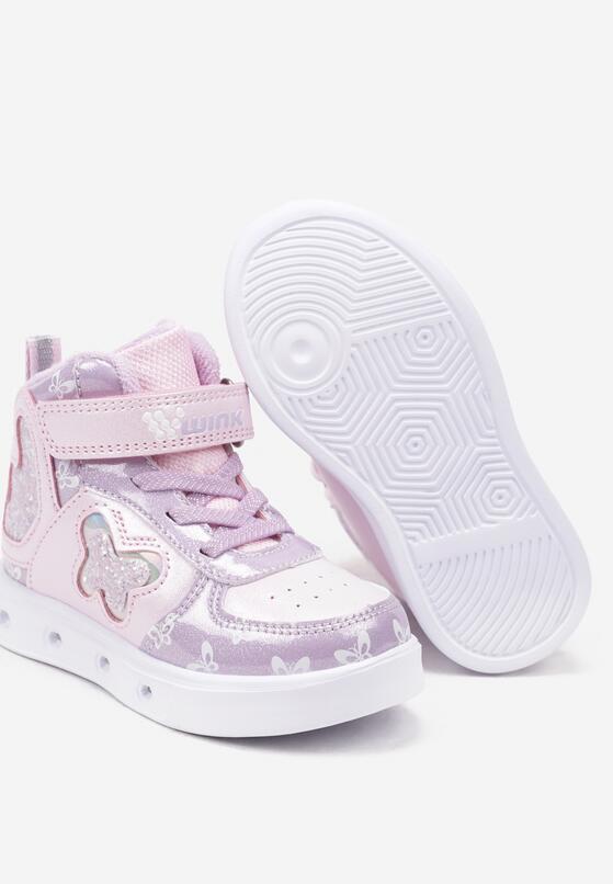 Różowe Płaskie Buty Sportowe Sneakersy za Kostkę z Ledami i Brokatem Ericea 3