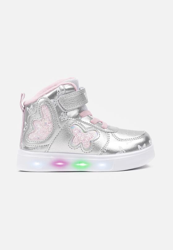 Srebrne Płaskie Buty Sportowe Sneakersy za Kostkę z Ledami i Brokatem Ericea 1