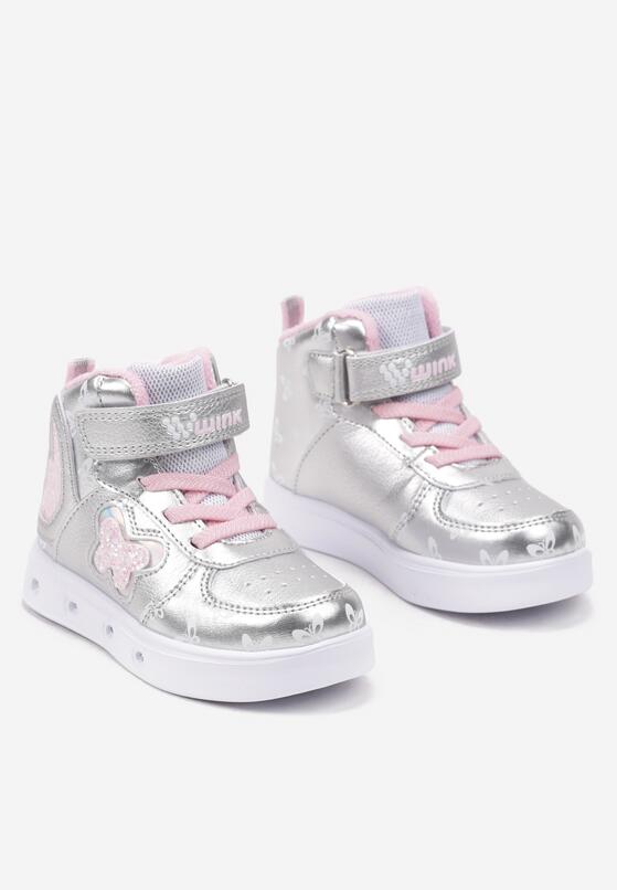 Srebrne Płaskie Buty Sportowe Sneakersy za Kostkę z Ledami i Brokatem Ericea 2