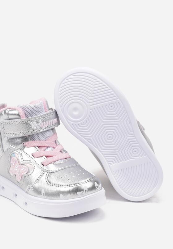 Srebrne Płaskie Buty Sportowe Sneakersy za Kostkę z Ledami i Brokatem Ericea 3