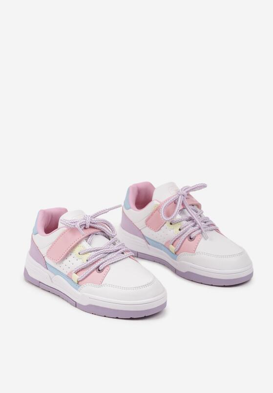Biało-Fioletowe Płaskie Buty Sportowe Sneakersy na Rzep z Geometrycznym Wzorem i Sznurowaniem Terevan 2
