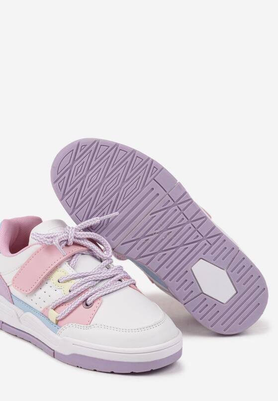 Biało-Fioletowe Płaskie Buty Sportowe Sneakersy na Rzep z Geometrycznym Wzorem i Sznurowaniem Terevan 3