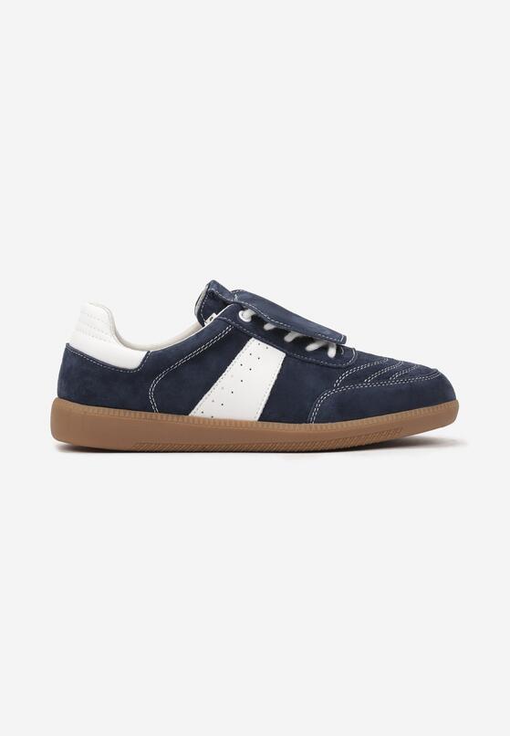 Granatowo-Białe Płaskie Skórzane Sneakersy z Ozdobną Zamszową Wstawką Milivia 4