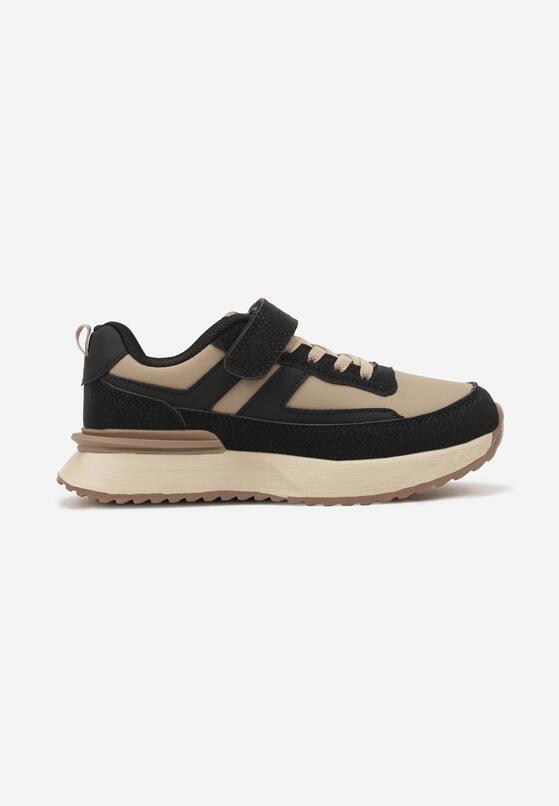 Czarno-Beżowe Płaskie Buty Sportowe Sneakersy na Rzepy z Geometrycznymi Paskami Nerithelle 1