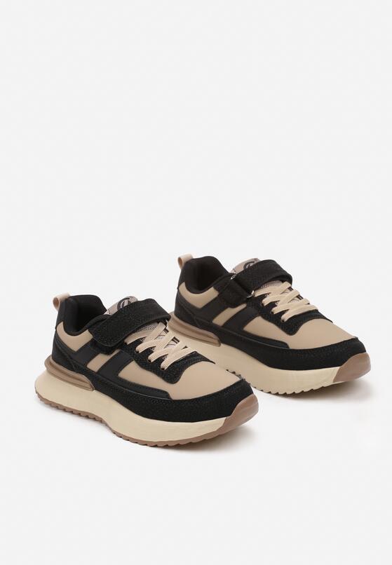 Czarno-Beżowe Płaskie Buty Sportowe Sneakersy na Rzepy z Geometrycznymi Paskami Nerithelle 2