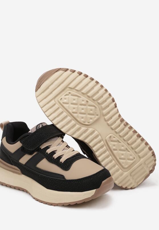 Czarno-Beżowe Płaskie Buty Sportowe Sneakersy na Rzepy z Geometrycznymi Paskami Nerithelle 3