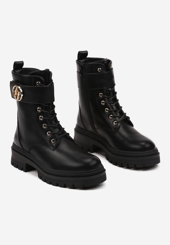 Czarne Botki Workery na Płaskiej Podeszwie z Paskiem na Rzep z Metaliczną Aplikacją Hanilda 5