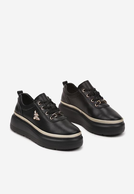 Czarne Skórzane Sneakersy na Grubej Podeszwie z Metaliczną Ozdobą Nericia 5