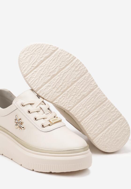 Beżowe Skórzane Sneakersy na Grubej Podeszwie z Metaliczną Ozdobą Nericia 6