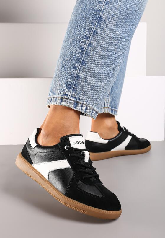 Czarno-Białe Płaskie Skórzane Sneakersy Ozdobione Przeszyciami Verietta 2