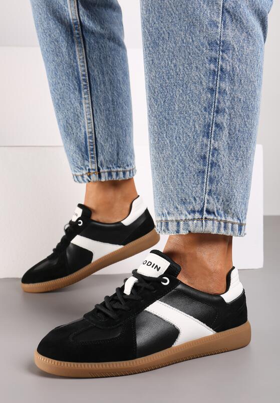 Czarno-Białe Płaskie Skórzane Sneakersy Ozdobione Przeszyciami Verietta 1