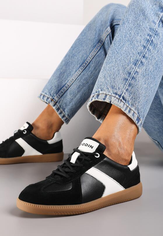 Czarno-Białe Płaskie Skórzane Sneakersy Ozdobione Przeszyciami Verietta 3