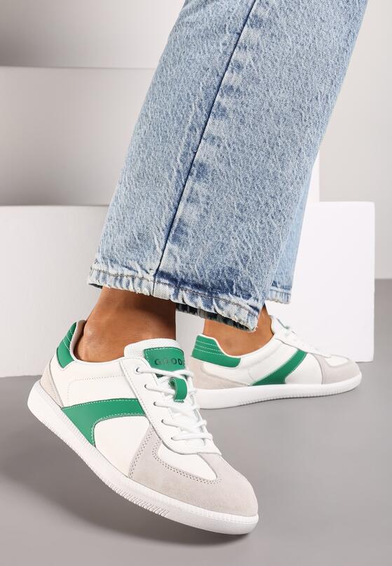 Biało-Zielone Płaskie Skórzane Sneakersy Ozdobione Przeszyciami Verietta 1