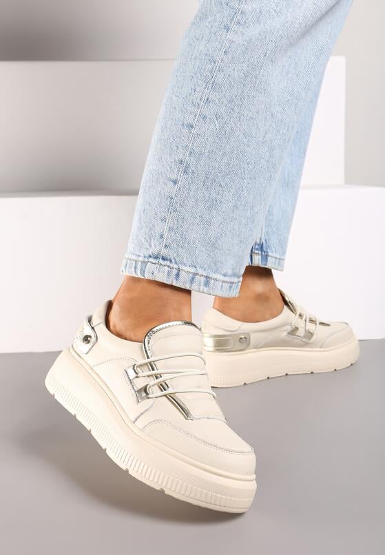 Beżowe Skórzane Sneakersy na Grubej Podeszwie z Ozdobnym Paskiem i Metalicznymi Wstawkami Verilinde 1