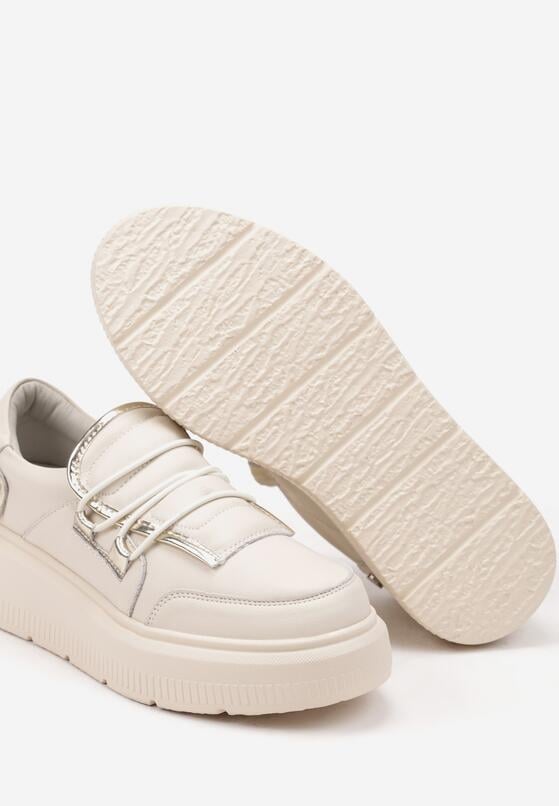 Beżowe Skórzane Sneakersy na Grubej Podeszwie z Ozdobnym Paskiem i Metalicznymi Wstawkami Verilinde 6