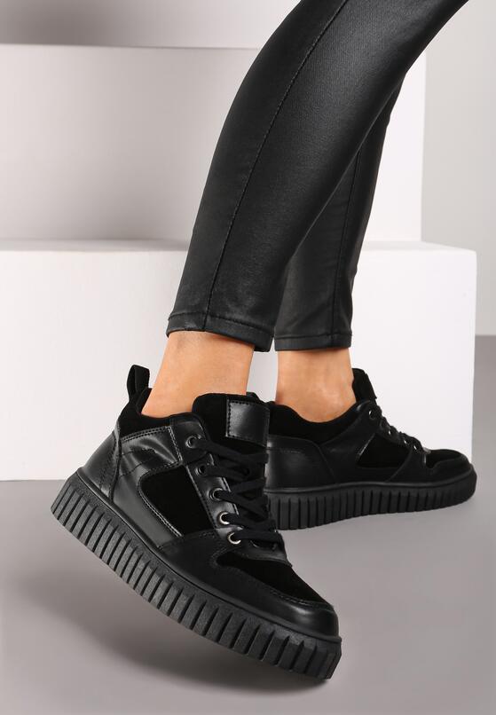 Czarne Skórzane Sneakersy na Grubej Tłoczonej Podeszwie Eriliane 2