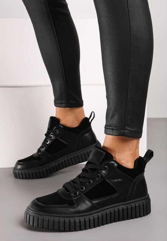 Czarne Skórzane Sneakersy na Grubej Tłoczonej Podeszwie Eriliane 1